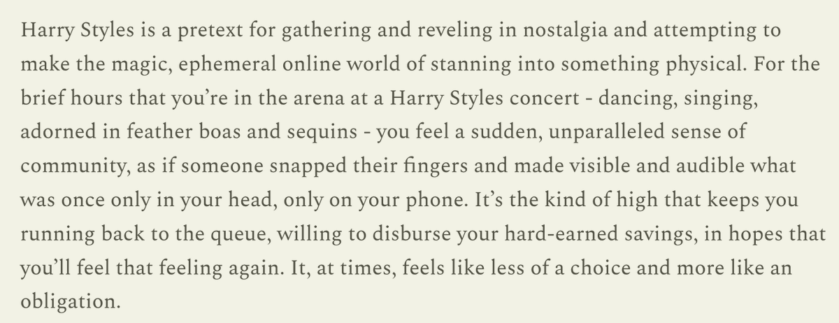 Harry Styles presale tickets are astronomical in price because the government cedes too much power to Ticketmaster, but also because of parasocial ties. Excerpt from my latest below 💌 madisonhuizinga.substack.com/p/fandom-only-…