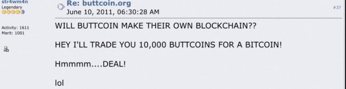 We are building a $Buttcoin cult.

We believe that 10,000 Buttcoins = 1 Bitcoin. It's a prophecy foretold 15 years ago.

Our community recently started locking 10k Buttcoins up for a year as a tribute to this upcoming reality. We already have 10 people committed so far. That's
