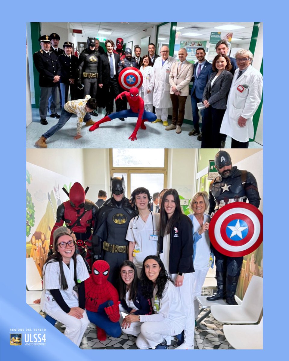 ulss10's tweet photo. 🦸 Nei reparti di #Pediatria degli ospedali di Portogruaro e San Donà di Piave, alcuni volontari travestiti da #Supereroi, accompagnati dagli organizzatori dell'iniziativa #SAP e #USMIA, e dal Presidente della @RegioneVeneto @Stefanicamera hanno fatto visita ai piccoli pazienti. https://t.co/YNP60KaC2l