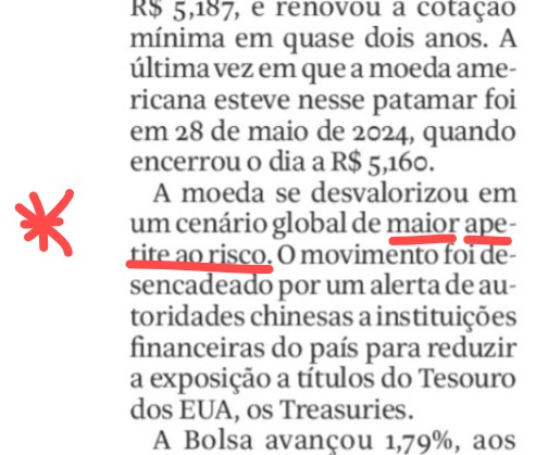Folha de hoje
Na matéria sobre queda do Bitcoin: aversão ao risco
Na matéria sobre valorização do R$: apetite ao risco

É a tese que se molda de acordo com a vontade do freguês