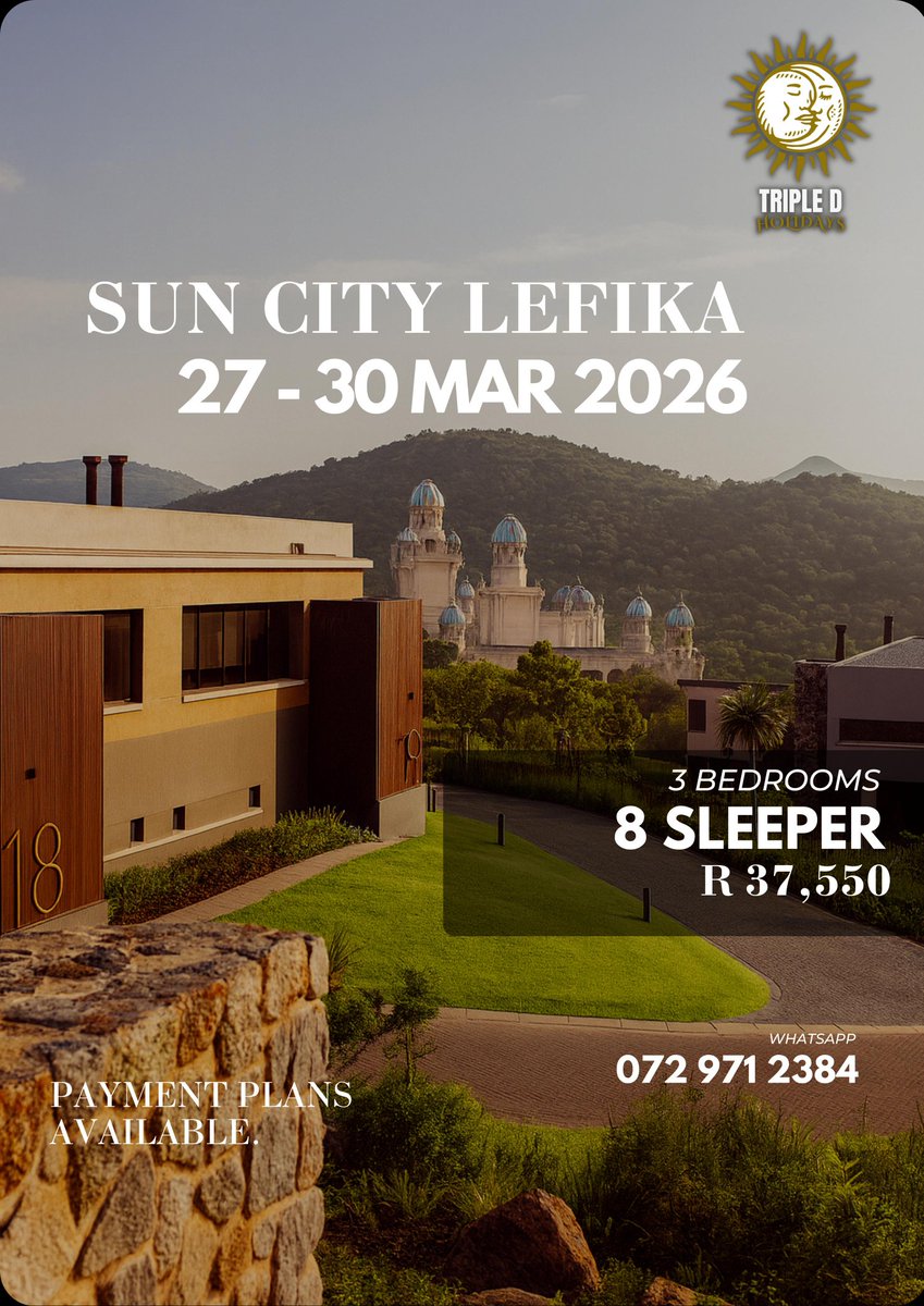 tripledholidays's tweet photo. Experience elegance at Sun City Lefika—blue domes, lush hills &amp; spacious living for the ultimate group getaway. Indulge in luxury and secure your March escape now!
#TripleDHolidays #SunCityLefika #LuxuryResort #GroupGetaway #TravelInStyle #SunCityLuxury https://t.co/L6gZ0ZOXC4