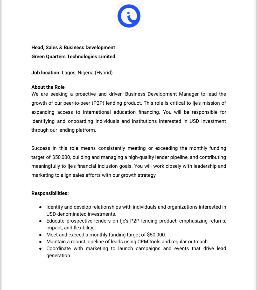 ije_fund's tweet photo. We are Hiring

Head of Sales and Business Development 

Apply via https://t.co/t1VDzRhaUw https://t.co/pJR4GyZZxl