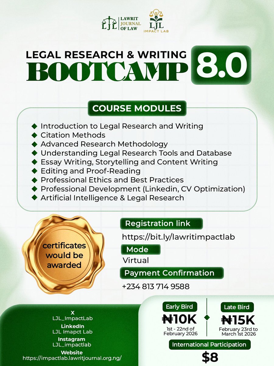 We are not leaving your screens till you register.😂🔥

LJL LEGAL RESEARCH AND WRITING BOOTCAMP 8.0 is here.
Don’t you want to up your legal research and writing game? There’s a lot in store if you register.
Register now: bit.ly/lawritimpactlab
#Bootcamp #Lawritjournal