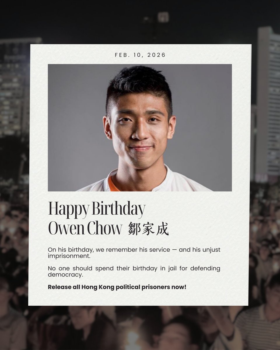 thecfhk's tweet photo. 🕯️Today, Owen Chow 鄒家成 spends his 29th birthday unjustly imprisoned in #HongKong.   

No one should spend time in prison for defending democracy.

We wish him a happy birthday and call for his immediate release, along with all political prisoners still suffering in #HK. https://t.co/Dwq9PmkDH3