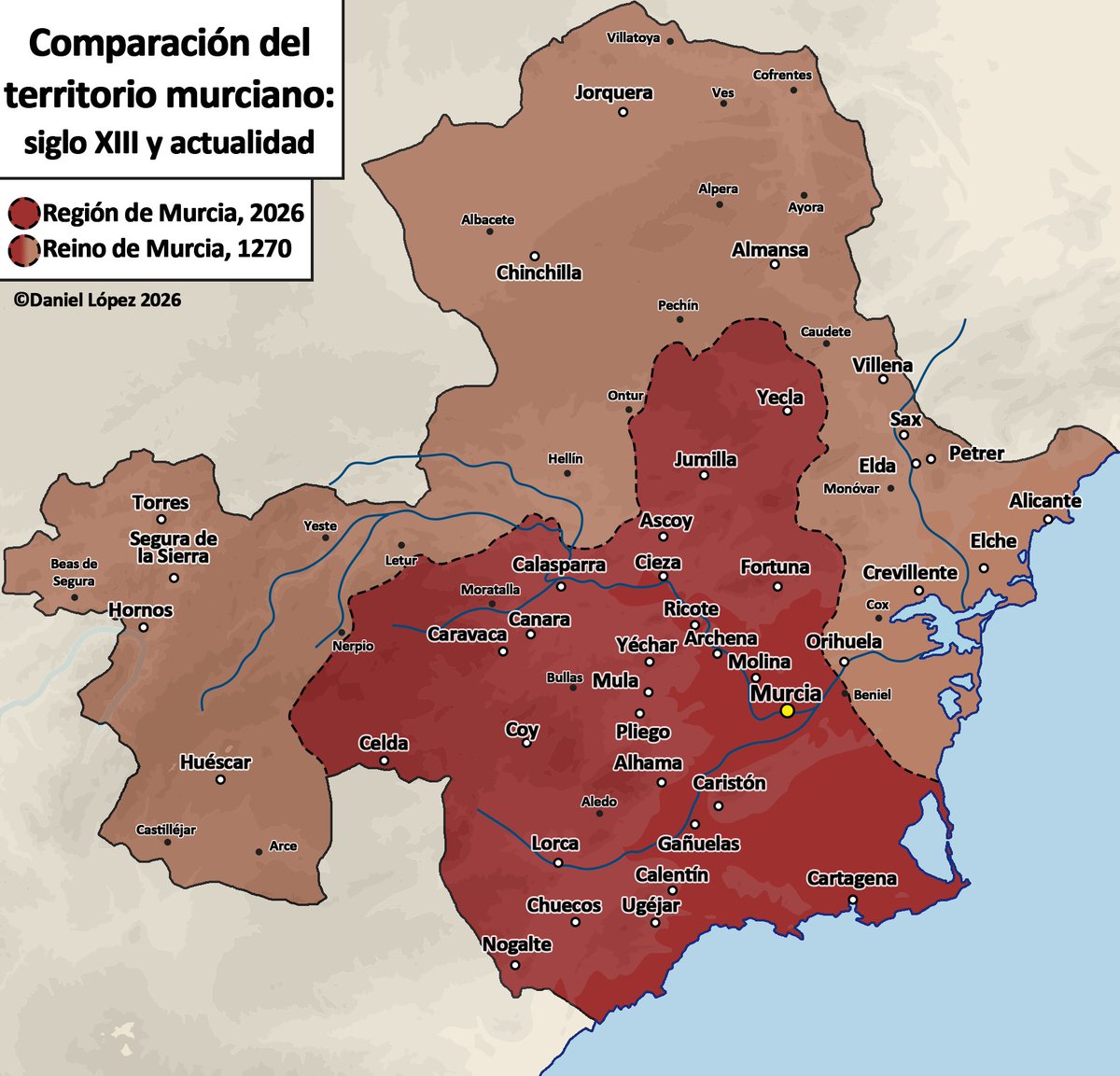 Dani6CBP__'s tweet image. Buenas tardes a todos, hoy os traigo un pequeño mapa que será muy interesante para murcianos, alicantinos, albaceteños y jienenses: el mapa del territorio murciano en 1270 y en la actualidad.

Espero que os parezca interesante.