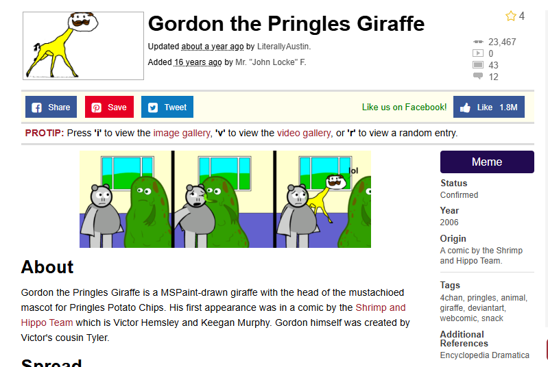 soodo0's tweet photo. Giraffe's are Absolutely running so I Found this first 4chan Giraffe Meme that Was Made in 2006!

This giraffe Is named GORDON THE PRINGLES GIRAFFE!

the Girafffe got so much famous that even Knowyourmeme has a Page for It! This is a Runner in this Market! 
https://t.co/hnyRH9Q8Zs