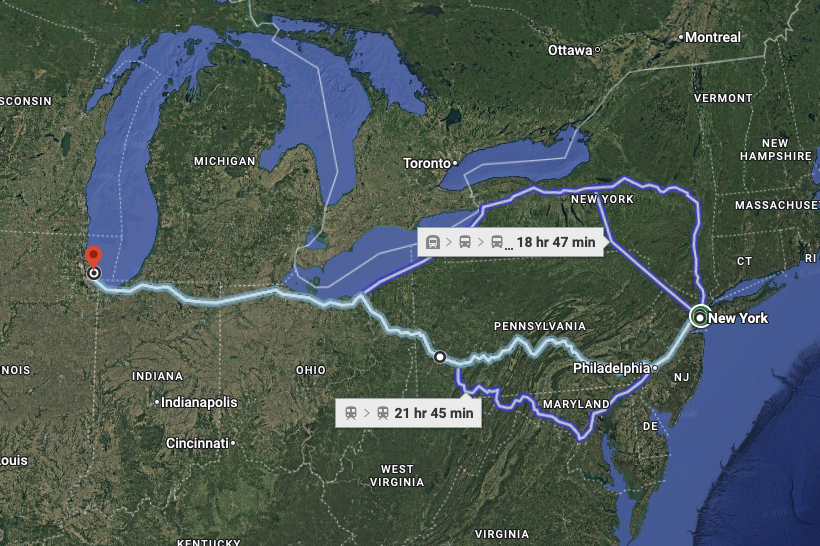 the_transit_guy's tweet image. It takes 19 to 21 hours on a daily train to travel between Chicago and NYC, which is roughly the same distance as Beijing to Shanghai, a trip that takes only 4.5 hours by high-speed rail and runs 41 times a day in both directions. Our infrastructure is so far behind.