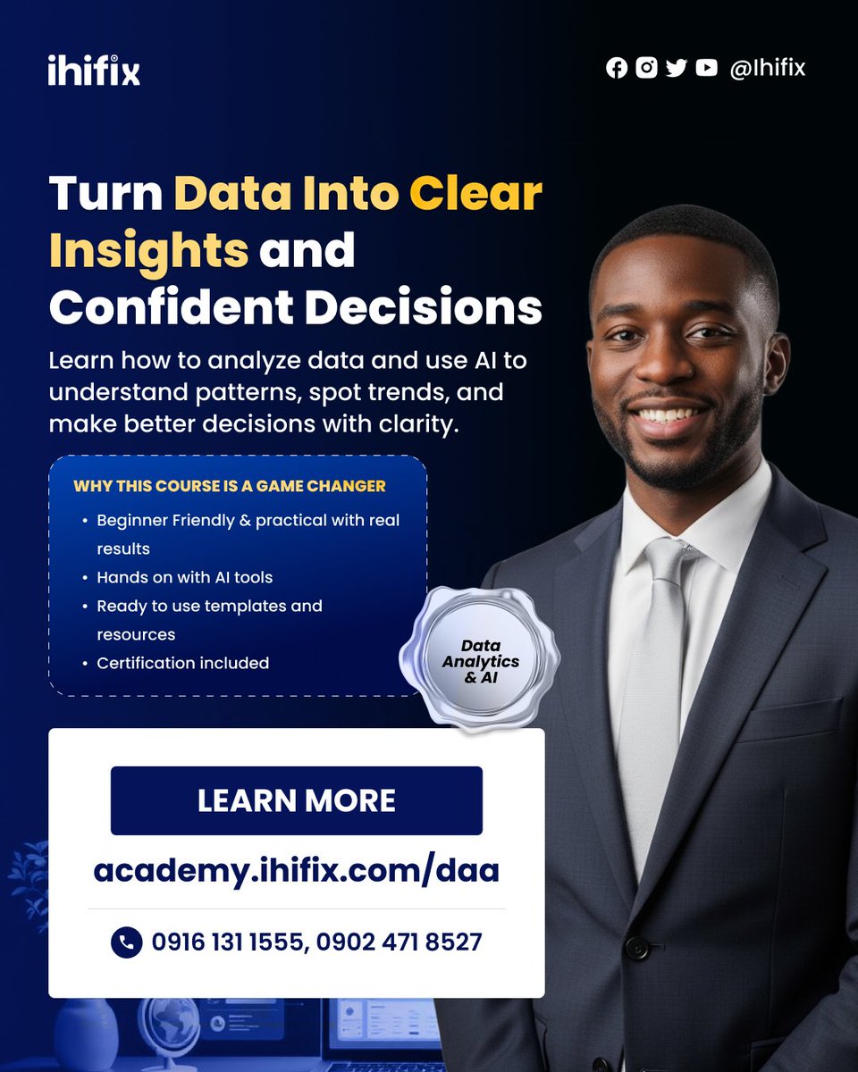 Raw data means nothing without insight.

Learn how to turn data into confident decisions using AI.

Course is beginner-friendly, practical and Certification is included

Enrol Now academy.ihifix.com/data