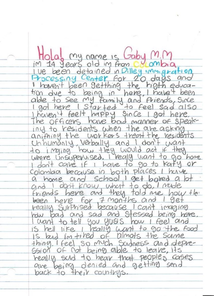 fdbedout's tweet photo. Esta es otra carta de una niña Colombiana detenida en Dilley, Texas. 
Las cartas han sido publicadas por @propublica https://t.co/lEWzC4aFFA