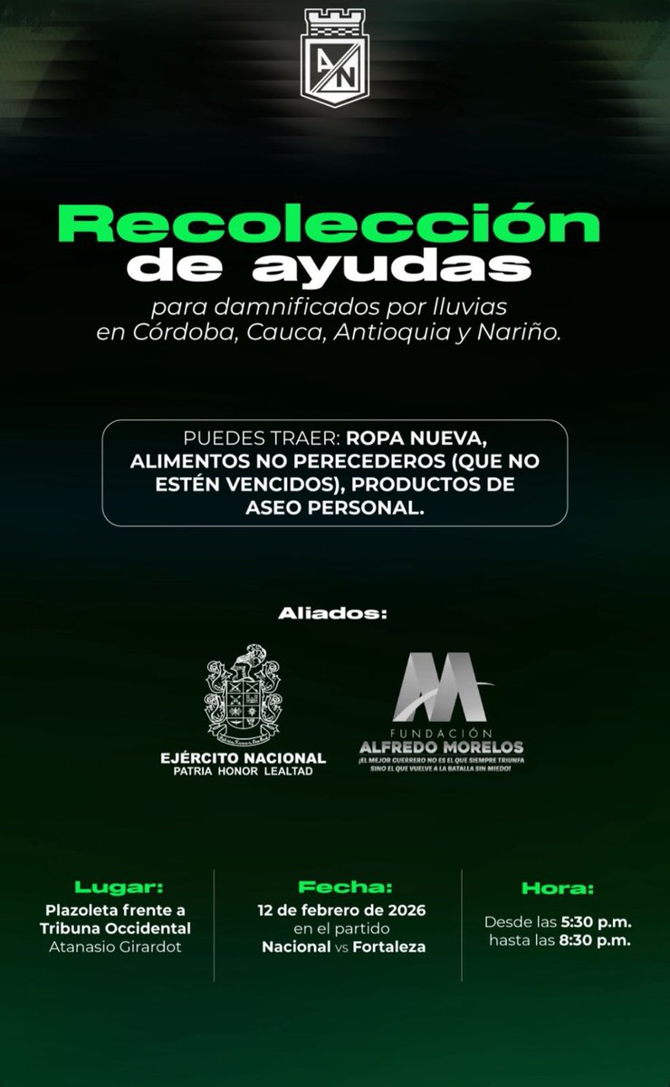 Cuando el agua se lleva casas, recuerdos y sueños, lo único que no puede faltar es la solidaridad. Hoy Córdoba, Antioquia, Nariño y Cauca nos necesitan.
Seguramente hay hinchas nuestros allá, familias como la tuya, como la mía.
💚 Donar también es hacer equipo.
#FuerzaHermanos