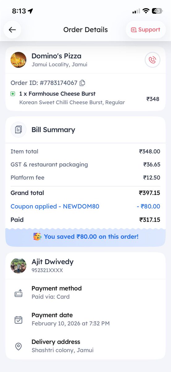 ajitdwivedy9's tweet photo. @zomatocare @dominos_india look your cheeze burst farmhouse pizza looking very nice. I have ordered through zomato. Are you making loot or what I don't understand.  Is it worth 317/- pizza. Stuffing is like only for orientation.  I haven't ordered maida doe of 317 rs. https://t.co/cgkyvCIqgP