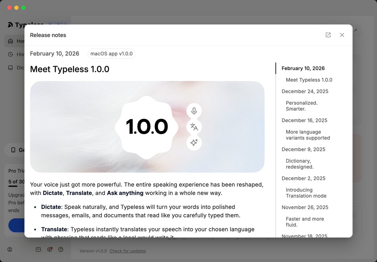 Typeless 1.0.0 发布太酷了！语音操作电脑的感觉很特别，它不再只是个输入法，而是重新定义了新的操作入口。有意思！