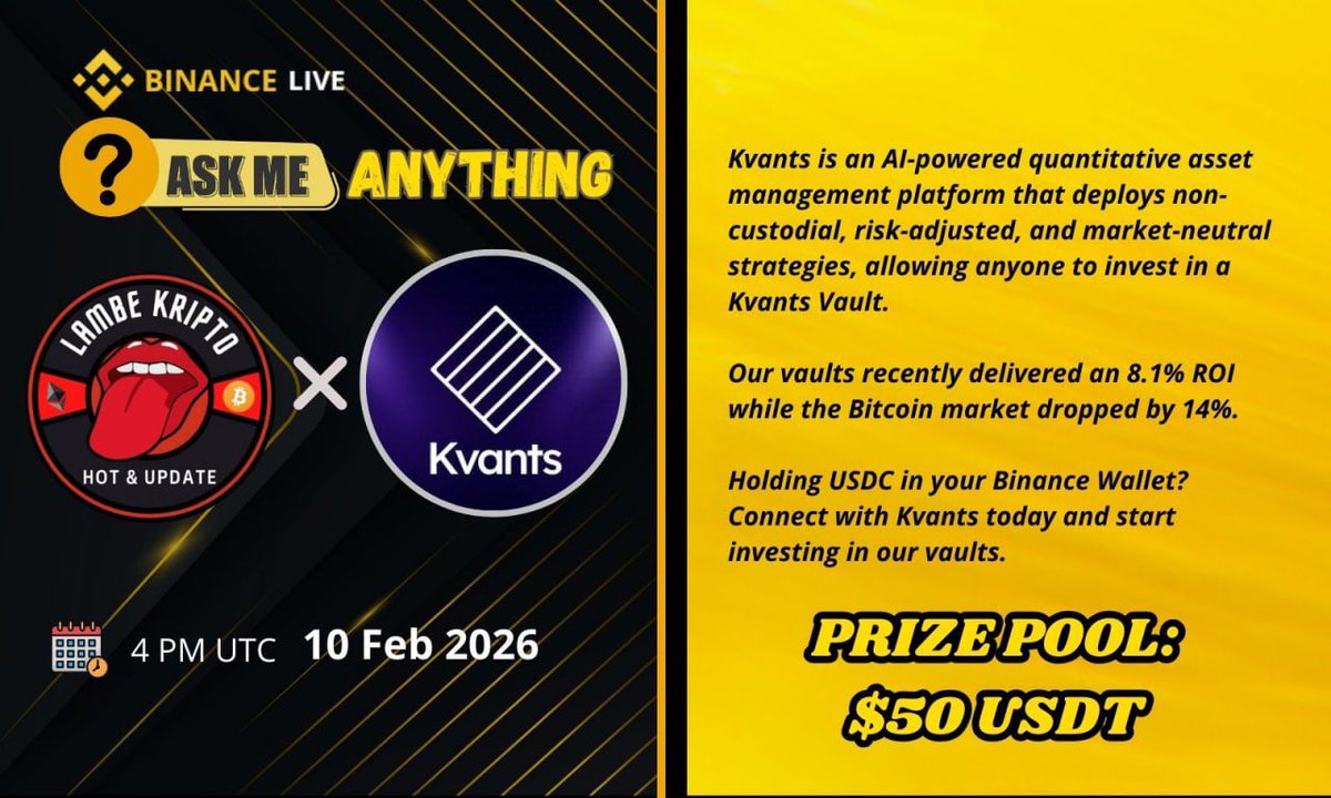 📢 We Are Pleased To Announce Our Live AMA With Kvants On 10 February 2026 at 4 PM UTC / 23:00 GMT+7

📍Venue : Lambe Kripto
💎 Reward : $50 USDT

🔸Requirement Task 
   🌐Join @kvantsai @kvantsnews
   🐦Follow <a href="/KvantsAI/">Kvants</a> &amp; <a href="/lambe_media/">Lambe IDN | Binance Creator</a> on X

⬛️ Like Repost &amp; Submit Your Questions