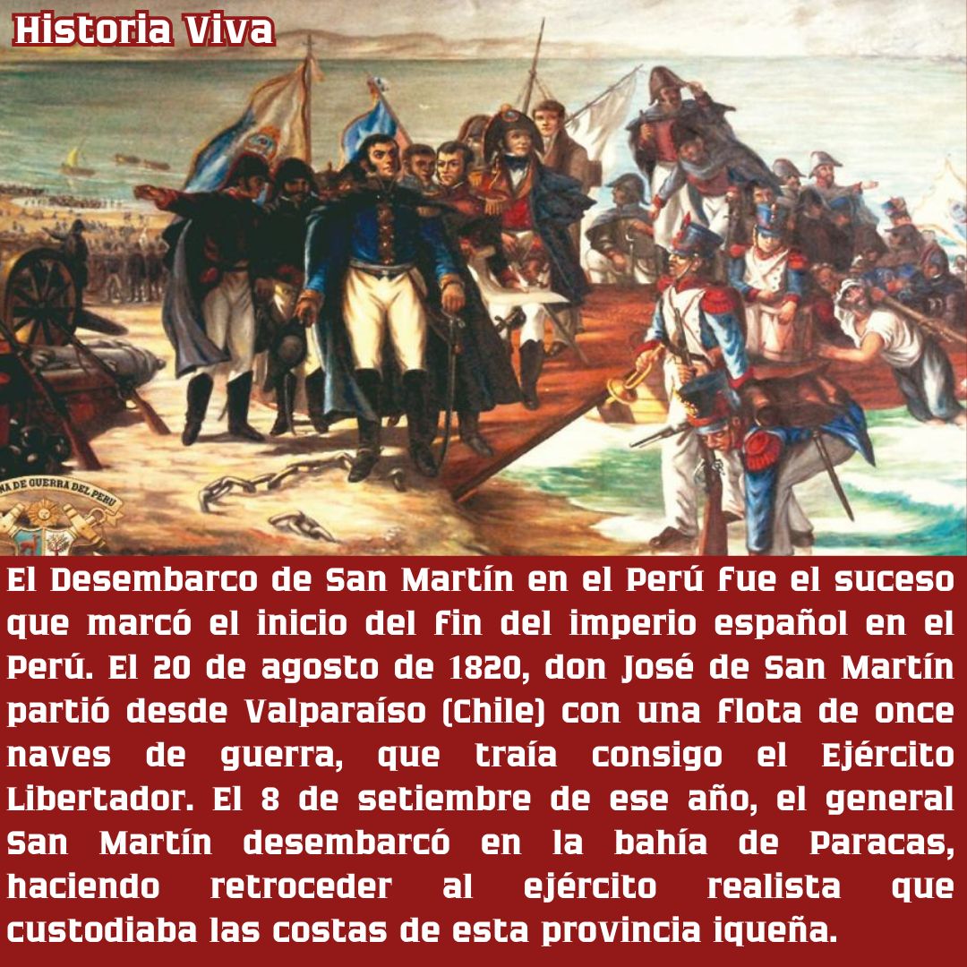 El 8 de setiembre de 1820, el General Don José de San Martín desembarcó en la bahía de Paracas con la Expedición Libertadora. Ese acto marcó el inicio formal del proceso de Independencia del Perú, trayendo consigo no solo tropas, sino el sueño de una nación soberana.