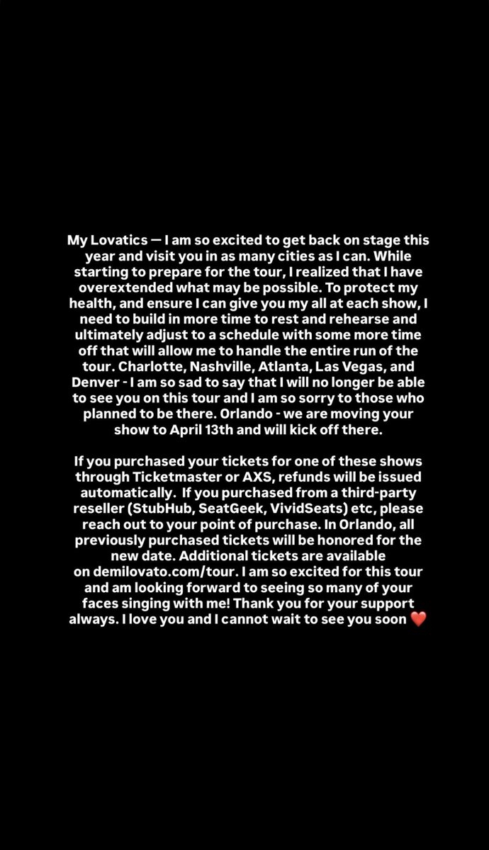 justcatchmedemi's tweet image. The “It’s Not That Deep Tour” concerts in Charlotte, Nashville, Atlanta, Las Vegas and Denver are now cancelled.

The tour will now kick off in Orlando on April 13th, 2026. Tickets purchased previously will be honored for the new date.

For those affected, refunds will be issued…