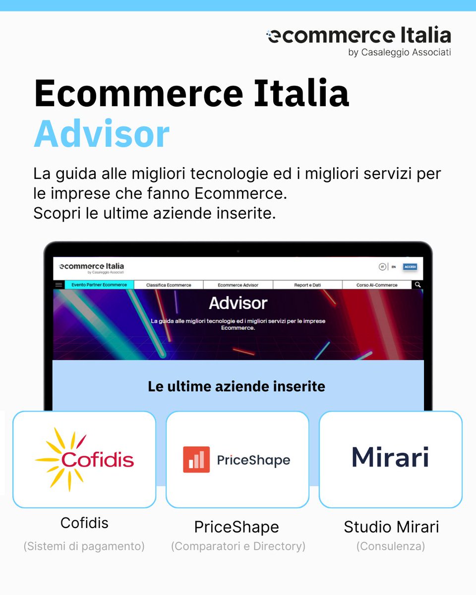 Su Ecommerce Italia Advisor trovi ora 327 aziende.
Nelle ultime settimane abbiamo introdotto alcune nuove funzionalità, come una nuova sezione dedicata a fatturato e numero di dipendenti.

👉 Scopri le ultimi aziende inserite su Ecommerce Italia Advisor:
ecommerceitalia.info/advisor/