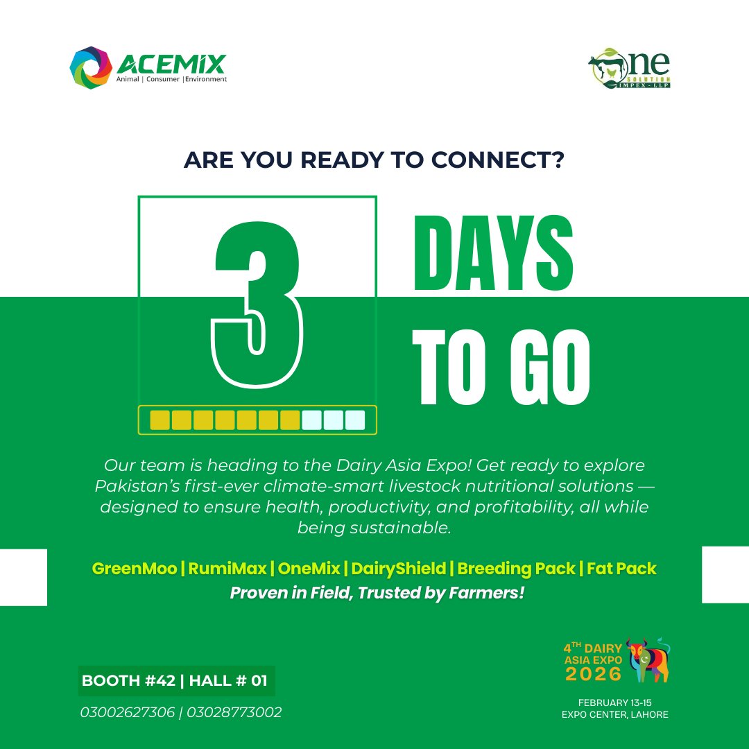 ACEMIX_OFFICIAL's tweet image. 3 Days to Go… Our team is heading to the Dairy Asia Expo! Get ready to explore Pakistan’s first-ever climate-smart livestock nutritional solutions designed to ensure health, productivity, &amp;amp; profitability, all while being sustainable. Let's connect Booth #42 | Hall #01 
#ACEMIX
