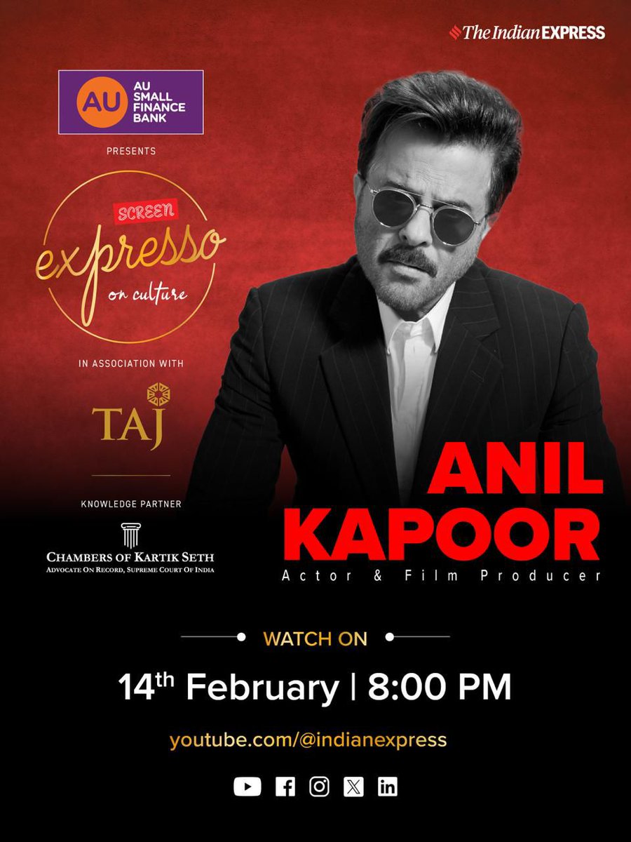 IndianExpress's tweet photo. Four days to go! Watch SCREEN Expresso on Culture #12thEdition with the evergreen star, Anil Kapoor, showcasing his iconic energy & classic charm!

📅 14th Feb | ⏰ 8 PM
▶️ Indian Express YouTube

@AnilKapoor 
@aubankindia 
@TajMahalMumbai 

[SCREEN, EXPRESSO]

#ExpressoOnCulture☕ #Anil Kapoor #Subedaar #AUIEexpresso #AUSmallFinanceBank #Taj #TajMahalPalaceMumbai