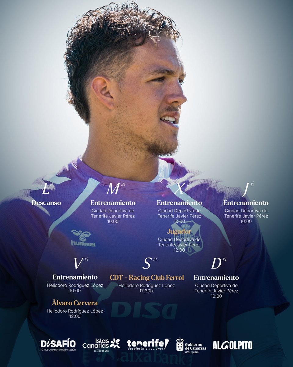 Planning semanal del <a href="/CDTOficial/">CD Tenerife 🏴󠁧󠁢󠁳󠁣󠁴󠁿</a>:

💤Tuvieron descanso ayer lunes.

🏃🏻‍♂️Entrenamientos martes a jueves y domingo, en la Ciudad Deportiva y el viernes en el HRL, a las 10:00.

🗣️Rueda de prensa de Cervera el viernes.

⚽Partido: sábado, 17:30, ante el Racing Ferrol en el Heliodoro.