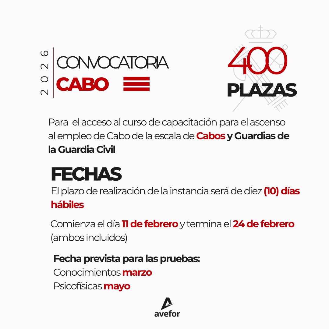 ‼️CONVOCATORIA CABO‼️

➡️ FECHAS

♦️El plazo de realización de la instancia será de diez (10) días hábiles
♦️Comienza el 11 de febrero y termina el 24 de febrero 
(ambos incluidos)

➡️ Fecha prevista para las pruebas:

♦️Conocimientos MARZO
♦️Psicofísicas MAYO

Mucho ánimo 💪