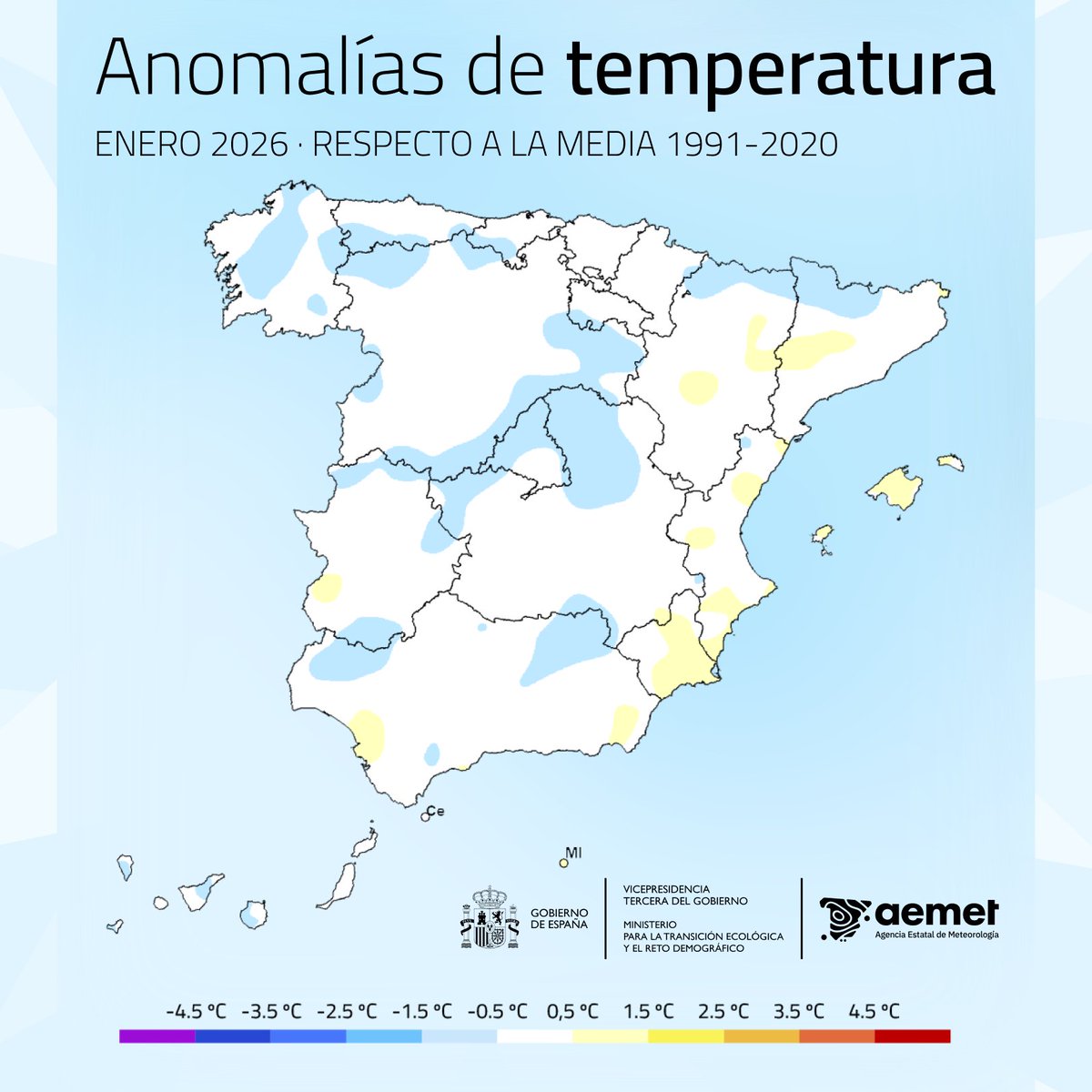 📉Enero de 2026, el más lluvioso del último cuarto de siglo.

➡️ Desde 2001 no se registraba un enero con tanta lluvia: 119 mm en el conjunto de la España peninsular.

➡️ Su temperatura media fue de 6 °C, lo que le otorgó un carácter normal.

aemet.es/es/noticias/20…