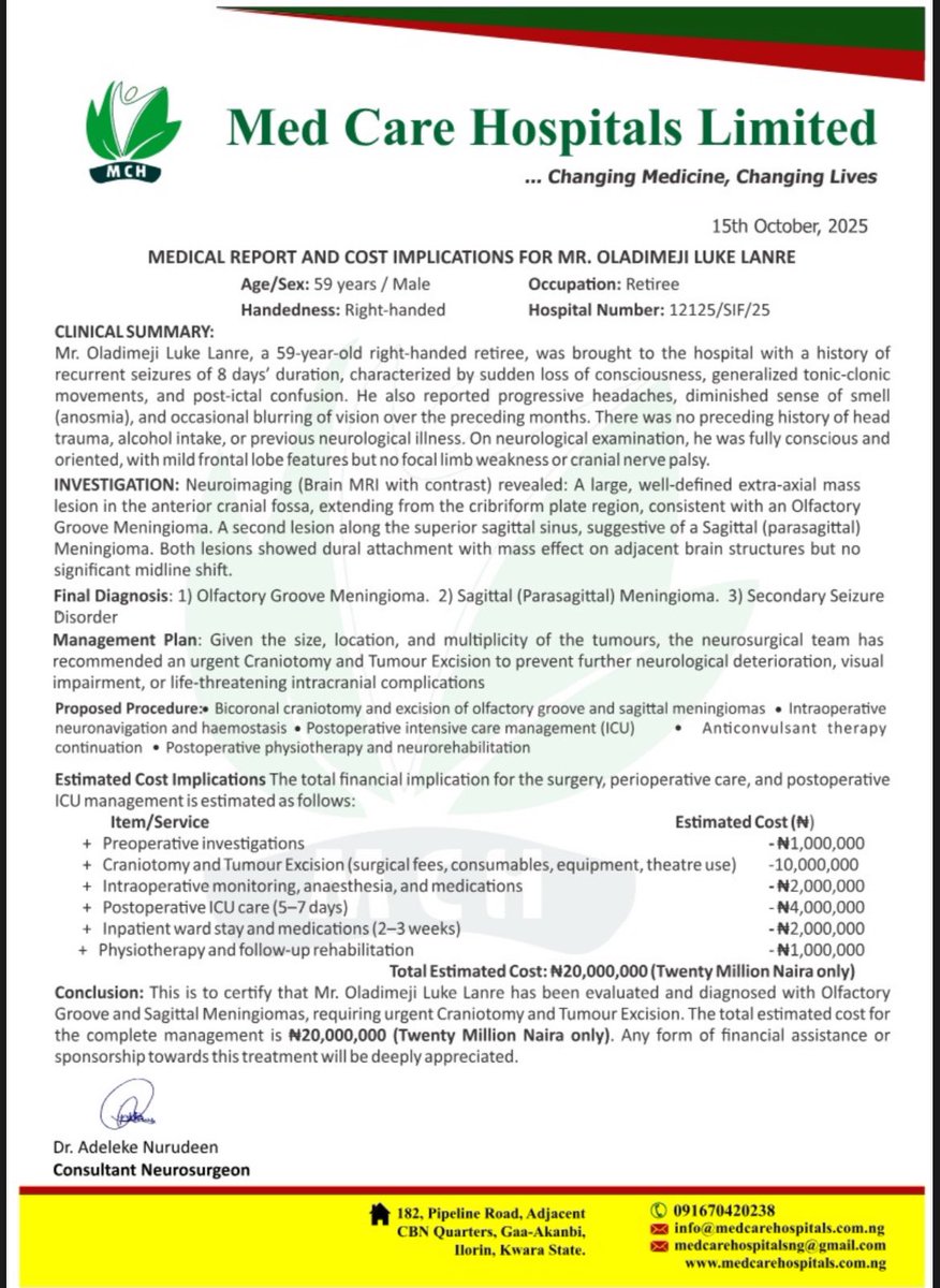 Treasure190's tweet image. It has been 115 days since I began appealing for financial support for my father, who is currently battling a brain tumor.

Unfortunately, we are still far from raising the ₦20 million required for his surgery. At the moment, doctors in government hospitals are on strike, which