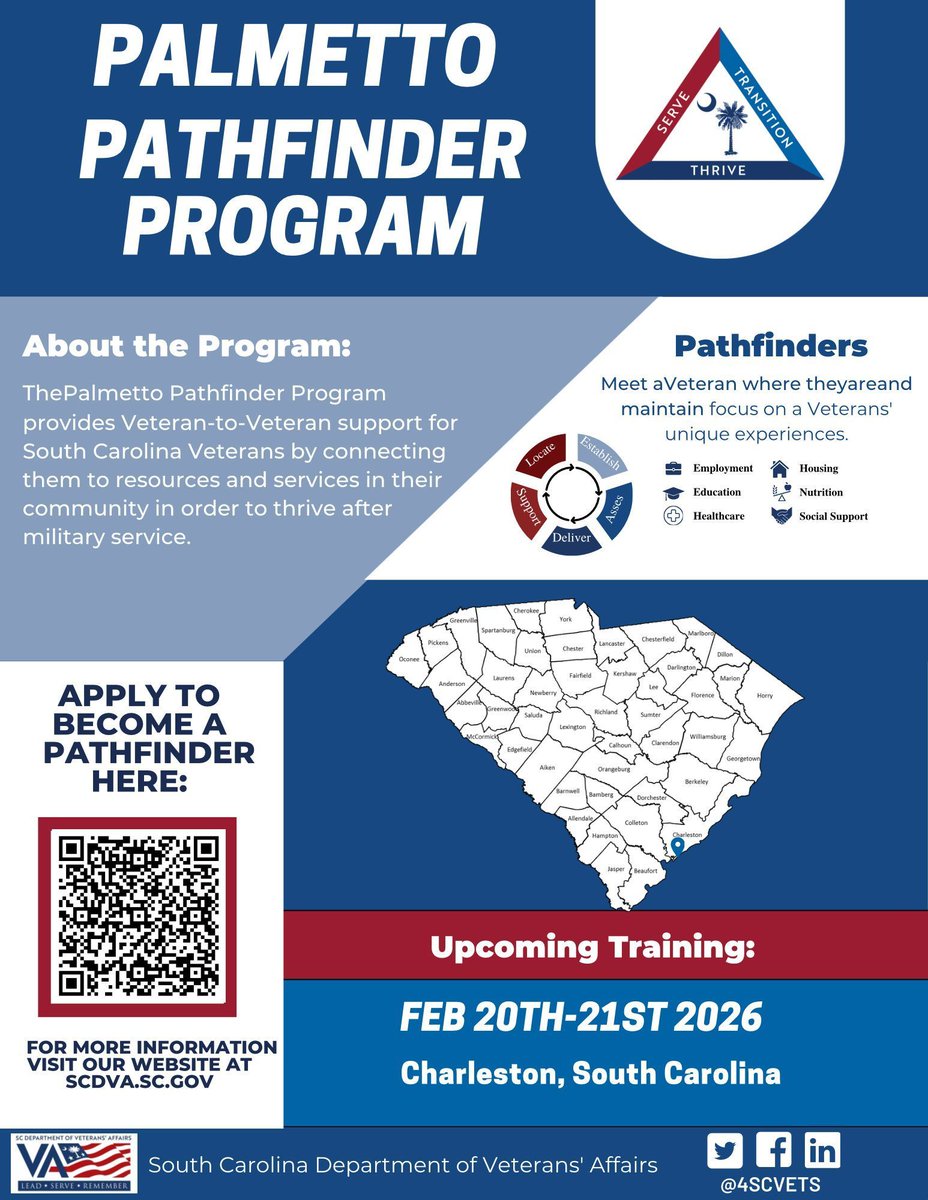 SCDVA, is hosting an upcoming Pathfinder Training Course on February 20–21, 2026, in Charleston

This 2-day training equips participants with the tools and knowledge needed to serve effectively as a Pathfinder

✅️Room and meals are provided

🔗Sign up!  buff.ly/5ff65dK