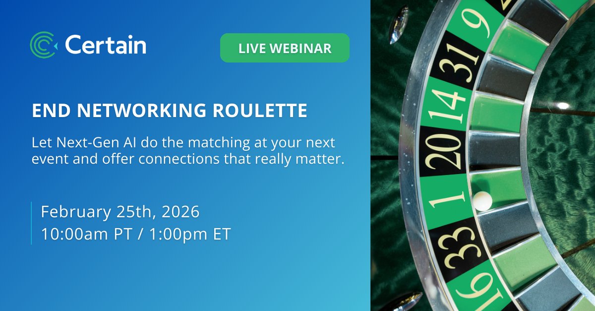 CertainInc's tweet photo. Attendee networking is one of the top event requests, and still one of the worst experiences, scrolling endless profiles or hoping for random encounters.

See how AI puts relevance first in our next webinar.
 
👉 Save your spot: https://t.co/dvuMHoVeUw 

#eventtech #AIinevents https://t.co/EOVv5f6l7a