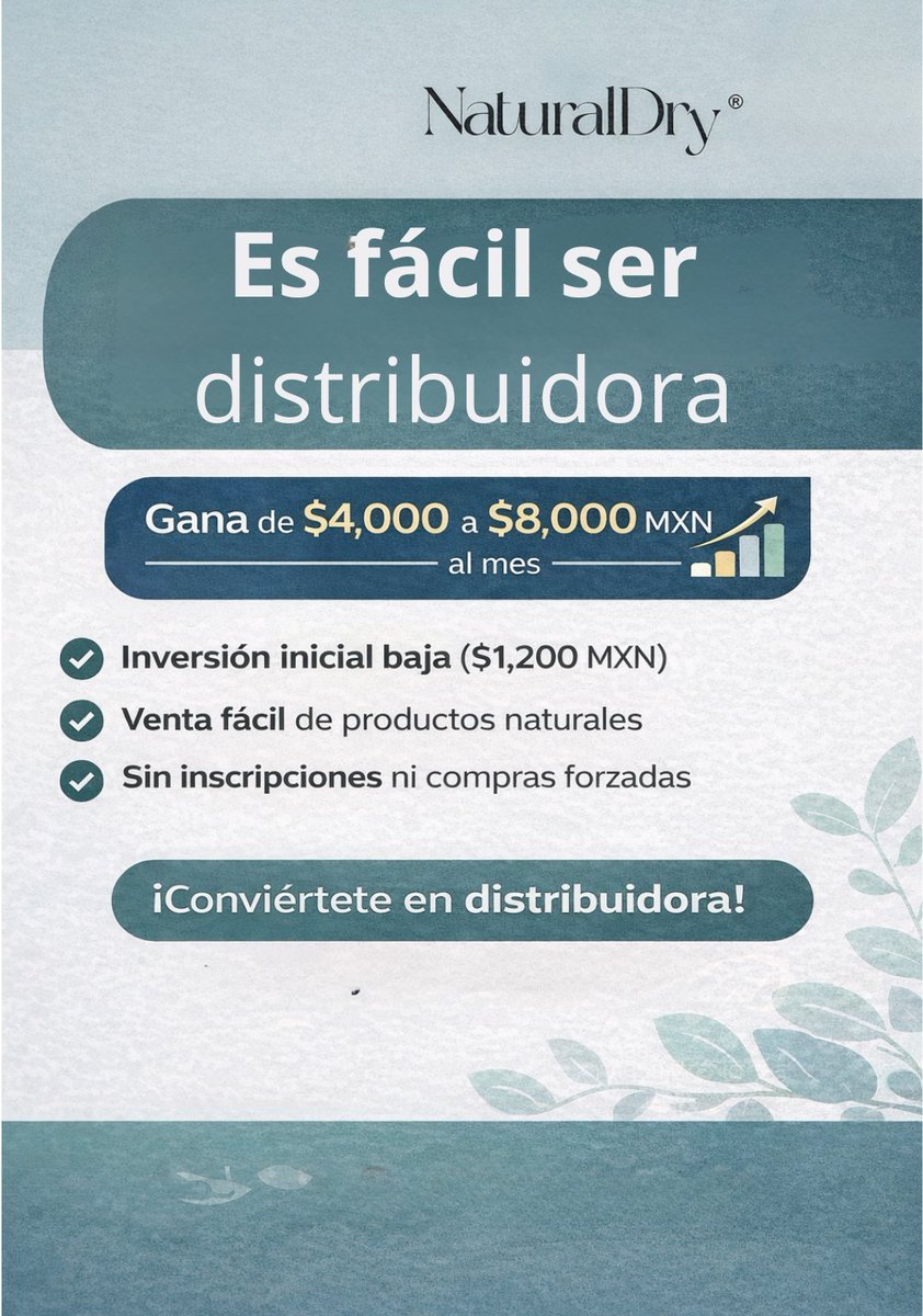 Muchas mujeres en México buscan generar un ingreso extra o iniciar un negocio propio. Sin embargo, con tanta información y tantas opciones disponibles en el mercado, tomar una decisión no siempre es sencillo.

En NaturalDry creemos que emprender no tiene por qué ser complicado.