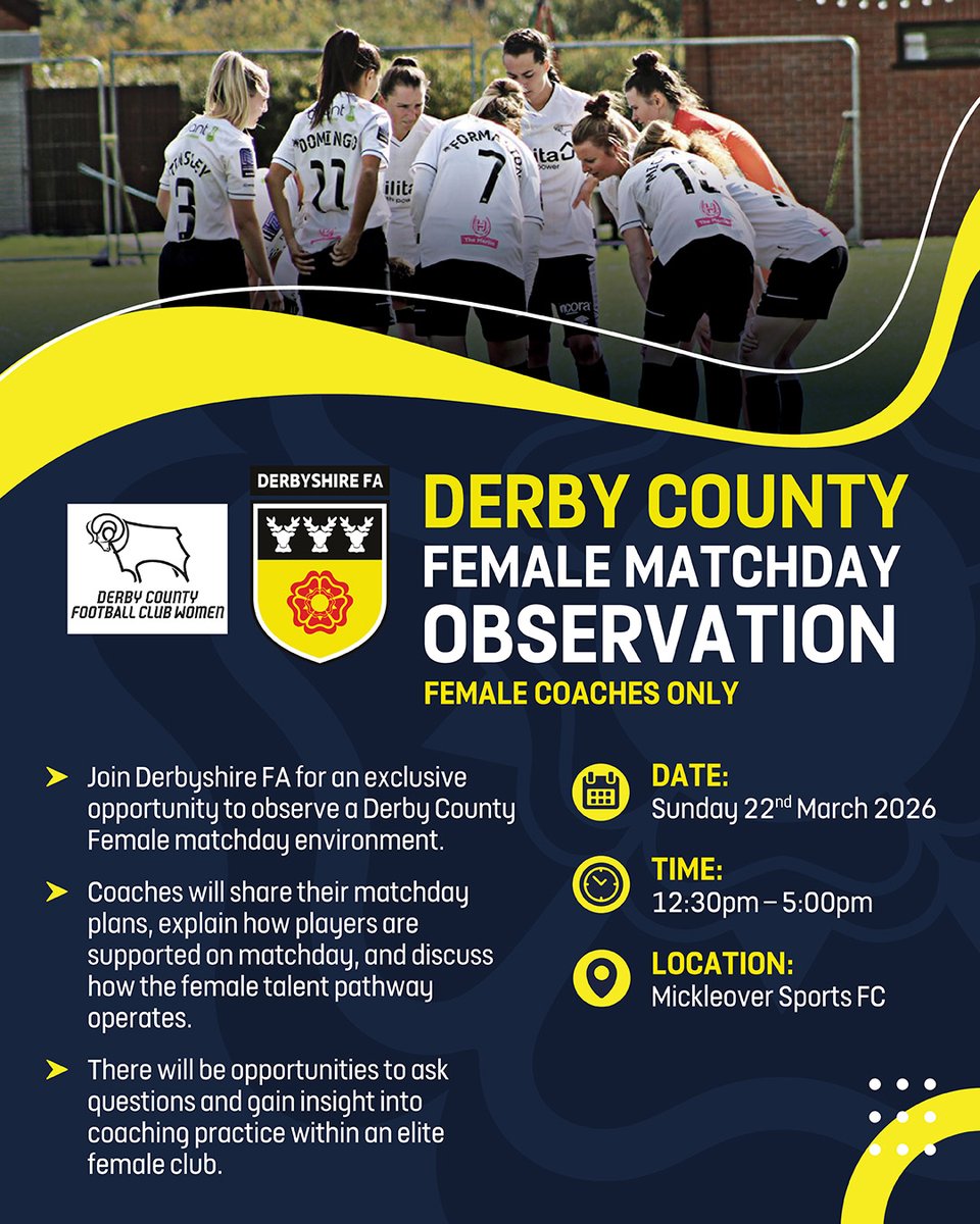 Calling all female coaches! 🚨

We’re excited to launch a two-part coach development observation session in partnership with Derby County Women 🐑

🔍 Part 1: Observe the Derby County Women’s Talent Pathway in a live training environment
🏟️ Part 2: Go behind the scenes on