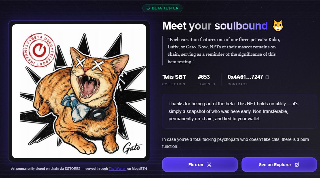 → Feedback on @megaETH and Telis <a href="/telisxyz/">Telis</a> 🧪
I joined the stress test by bridging 0.1 ETH. 

Result: they took a snapshot and airdropped NFTs/SBTs to testers 📸

 If you participated → check at app.telis.xyz ✅

→ Also tested Avon <a href="/avon_xyz/">Avon</a>  (TVL ~3M right now) by
