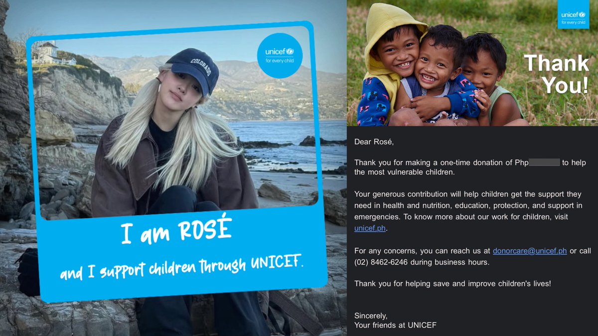 🤍 2026 ROSÉ BIRTHDAY PROJECT

In honor of ROSÉ’s birthday, we, roséHQ admins continued our tradition of donating to UNICEF on her behalf, celebrating our number one with a gift that supports children worldwide.

The donation will help the most vulnerable children get better