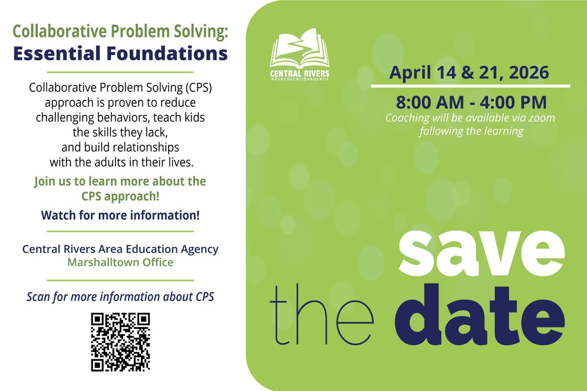 CentralRivers's tweet image. Build skills, not just compliance! Join us at the Marshalltown #CRAEA office on April 14 &amp;amp; 21 for the Collaborative Problem Solving (CPS) workshop. Stop asking "Why won't they behave?" &amp;amp; start asking "What’s getting in their way?" Register today! bit.ly/3ZsQk5q #iaedchat