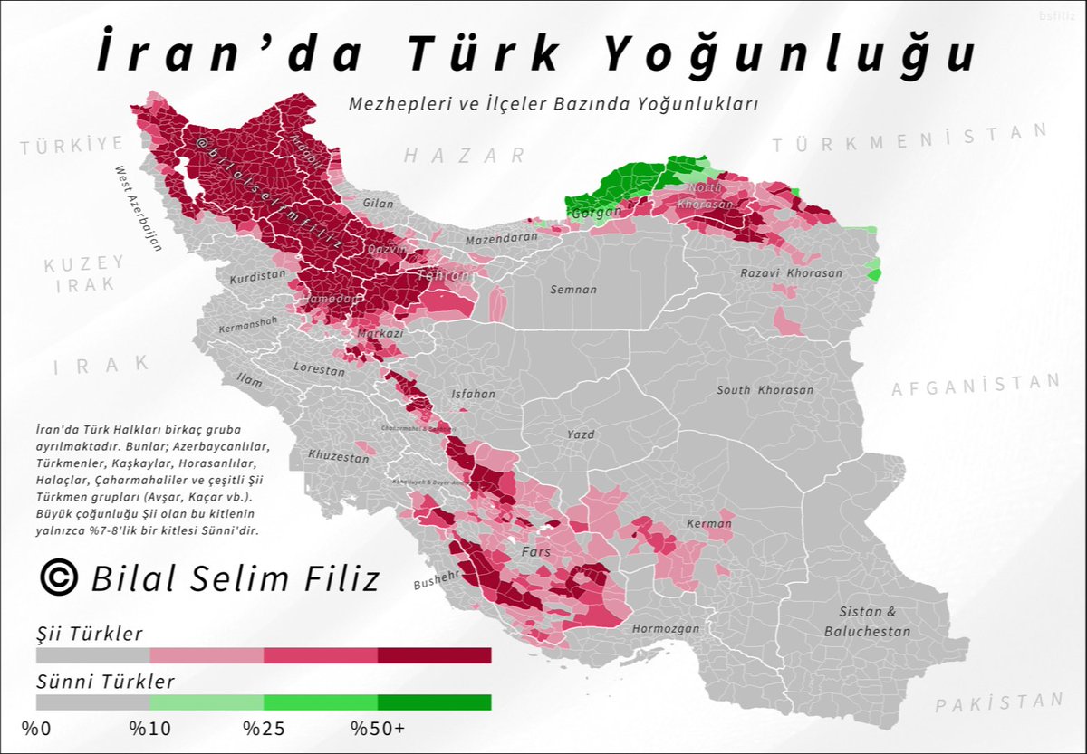 İran'da Türk Yoğunluğu

10 binin üzerinde Türk yerleşimi bulunmakta, bu yerleşimlerin nüfuslarına göre ilçe/nahiyeler bazında yoğunluk haritasına dönüştürülmesi ile hazırlandı.

Önce mezhepsel 2 gruba ayırdım, daha sonra dilsel olarak ta bir versiyon hazırlayacağım.