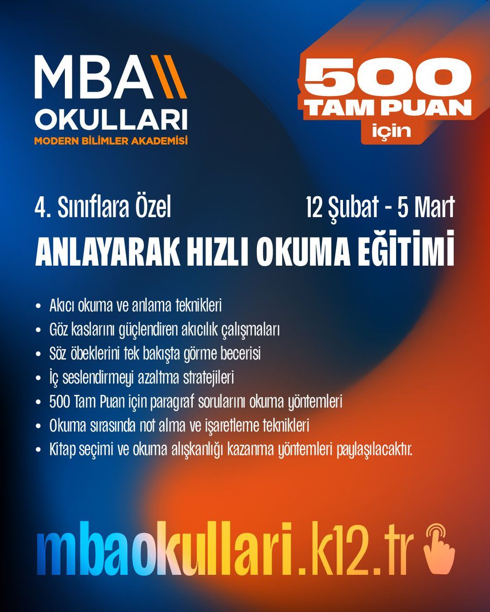 mbaokullari's tweet photo. 500 Tam Puan için 
4. Sınıf Öğrencilerine Özel Okuma Becerileri Geliştirme Programı Kapsamında Düzenlenen MBA Okulları “Anlayarak Hızlı Okuma” Eğitimi Başvuruları Başladı!

Sen De Gel! 

#MBAOkulları #MedicanaEğitimGrubu #MBAYenilikçiEğitimEkosistemi #BaşarıTasarımı https://t.co/Kd4fWeOsAV