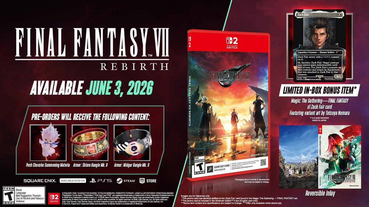 INAL FANTASY VII REBIRTH Day One Edition (Switch 2 KC) w/ MtG Zack Fair  card up for preorder at GameStop ($49.99) https://t.co/pyNSL3wvez Best Buy  https://t.co/dAUjLayCmQ VGP https://t.co/46NkWGgWIO PNP  https://t.co/QDCwc3bT6S #ad