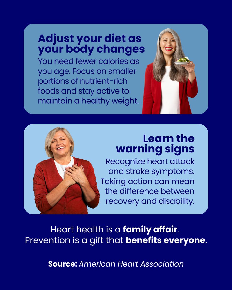 NHCOA's tweet photo. #Aging101 | After turning 60, it's important to pay extra attention to your #heart. 🫀🔍
Blood pressure and cholesterol naturally increase with age, but knowing what to watch for can significantly reduce your risk.
Discover these 3⃣strategies for protecting your heart health! https://t.co/Lh3uddOOQn