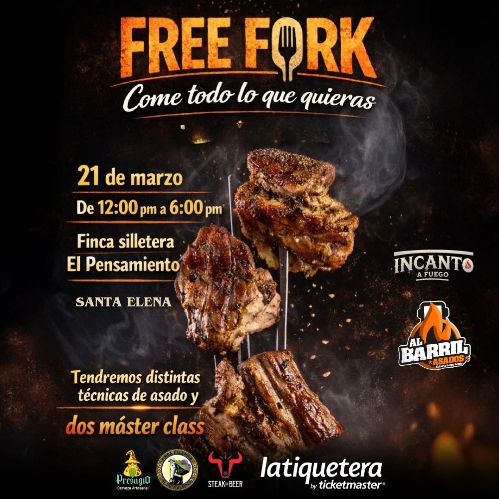 🔥 FREE FORK – TENEDOR LIBRE EN SANTA ELENA 🔥
Come todo el asado que quieras con distintas técnicas, de 12 m a 6 p. m.
🥩 Parrilla sin límites
🎓 2 master class incluidas
👉 Comes todo lo que quieras…
🚫 pero no se lleva a casa 😉
🎟️ Entradas en latiquetera.com