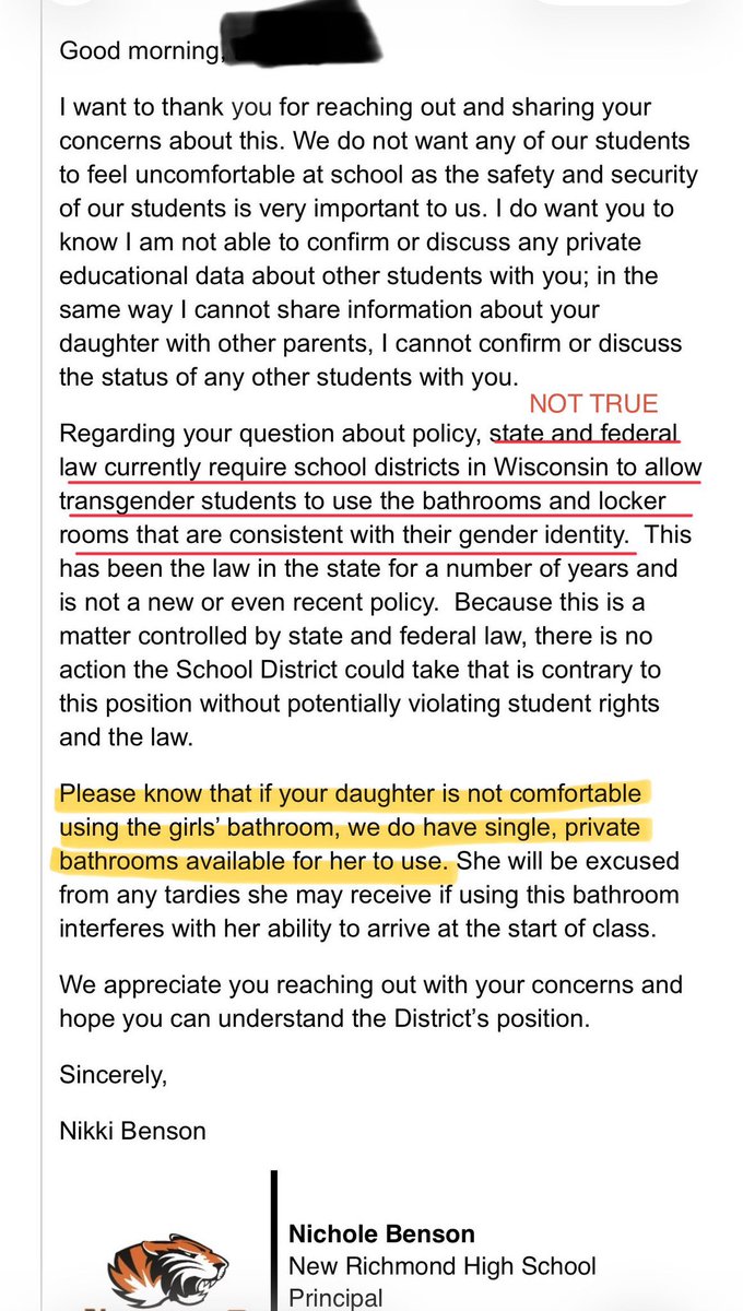 Busted!  Meet Nikki Benson - the principal of New Richmond High School in Wisconsin. She was just exposed by <a href="/scarlett4kids/">Scarlett Johnson</a> - and EVERYONE in America needs to see this and weigh in.

According to her own words, she lets males use female bathrooms - and parents say it makes girls