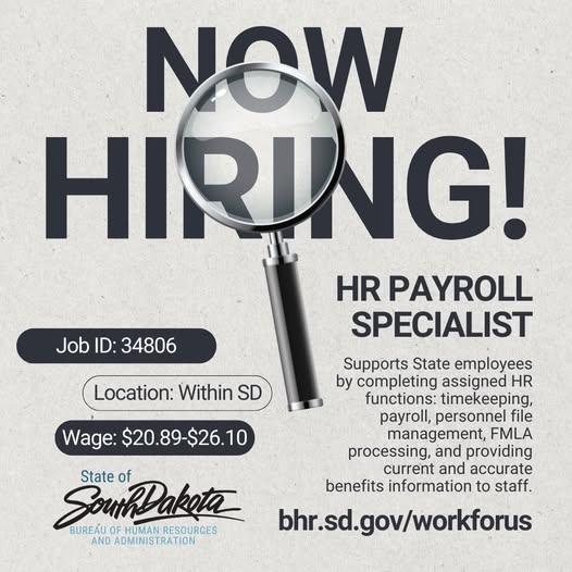 careerssd's tweet photo. The South Dakota Bureau of Human Resources and Administration is searching for an HR Payroll Specialist to join our Shared Services team!
Location: Statewide (Preferred: Pierre, SD)
Pay: $20.89–$26.10/hour
Apply by: Feb 18, 2026: https://t.co/49vo8iFf7k https://t.co/CYadHd6i0s
