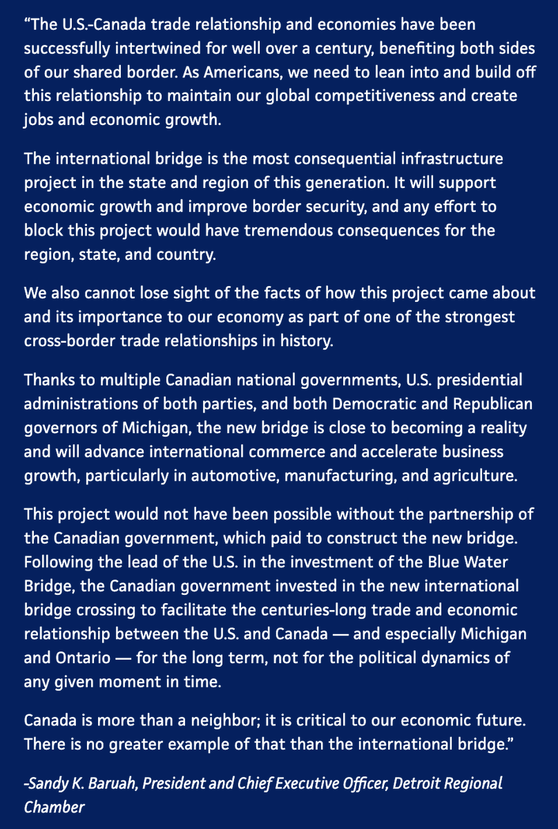 The Detroit Regional Chamber and its CEO, Sandy Baruah, released this statement last night after President Trump threatened to block the opening of the Gordie Howe International Bridge.