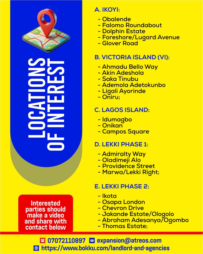 Lets grow together!

Bokku Mart is seeking strategic &amp; prime store locations for expansion across key areas in Lagos. 

We are open to:
• Bare land (minimum 600sqm)
• Ground floor retail spaces (minimum 350sqm)

Locations: Ikoyi | Victoria Island | Lagos Island | Lekki

Have a
