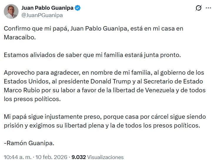 espaciopublico's tweet image. #DenunciaEP | El periodista y dirigente político, Juan Pablo Guanipa, ya está este  #10feb de 2026 en su residencia en Maracaibo, estado #Zulia, informó su hijo.

Guanipa tiene la medida cautelar de arresto domiciliario.

¡Desde Espacio Público exigimos #LibertadPlenaParaTodos!