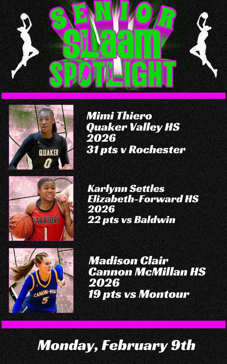 SLAAMBASKETBALL's tweet photo. BIG MONDAY Pre-Playoffs for the #SLAAMFam!!  Seniors!! @mimi_thiero  for #4 3A @QVBballBoosters !  @KaelynnSettles crosses 1,000 for @EF_Girls_Bball &amp; @madisonclairr for #1 6A @CMGirlsHoops @slaam2026jamal @SLAAMCOACHSTEVE @TerpsWBB @WVWCWBB https://t.co/8V7VOaAO0n