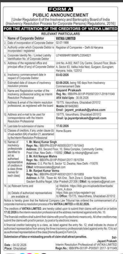 wisdomwide10's tweet photo. @SLSinghala 
NCLT on 4th Feb 2026    declared insolvency against Vatika Ltd . How serious this for home buyers who have paid and  are struck up in incomplete projects , not got possession  and  registration  etc https://t.co/WbFo8YdqlQ