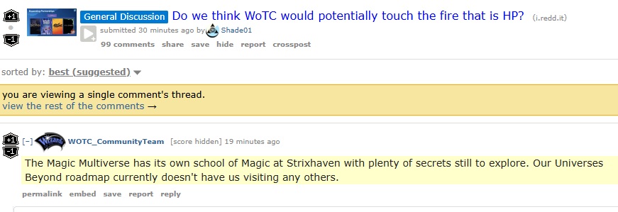 Wizards on Reddit: no current plans for Harry Potter set. I'm not sure how much this means considering there were no plans to do Universes Beyond at all, and then no plans to do Universes Beyond in Standard and both happened pretty quickly, but that's the current, official