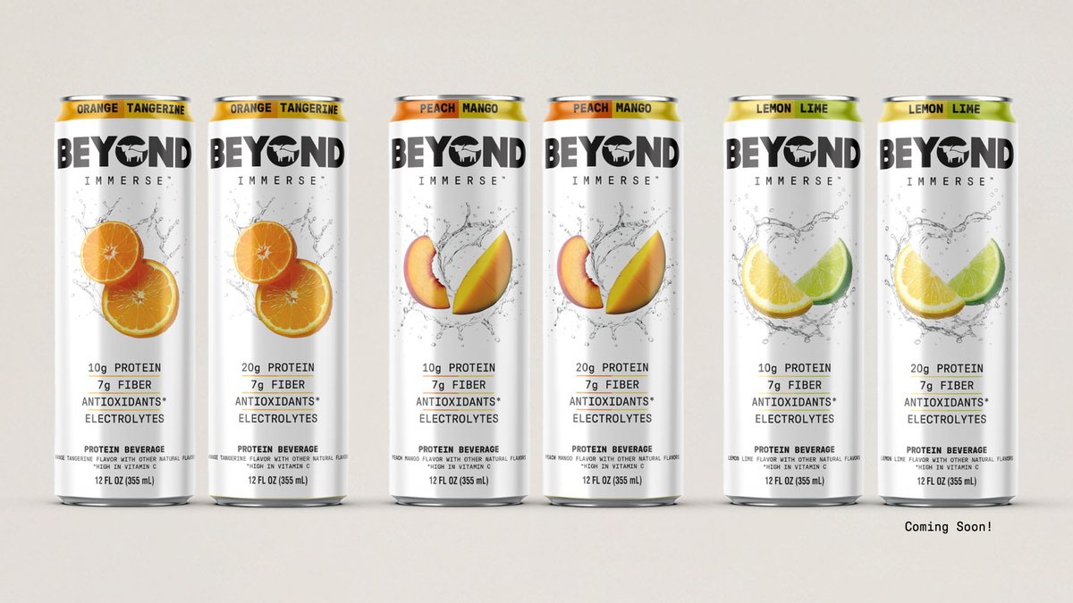 BeverageDigest's tweet image. The protein push continues. Beyond Meat has launched a drink called Beyond Immerse with 20g or 10g of protein, 7g of fiber, and electrolytes. The drink is packed in 12-oz sleek cans.

#protein #beyond #fiber #electrolytes #new #launches #news #beveragedigest