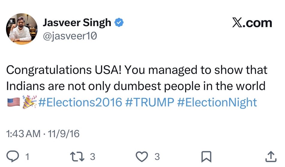 You hate Americans. 

I encourage everyone to email the State Department about this individual. 

He is apparently deleting posts at this moment to coverup his anti-American sentiment. 

We don’t need another H-1B foreigner infiltrating our country.