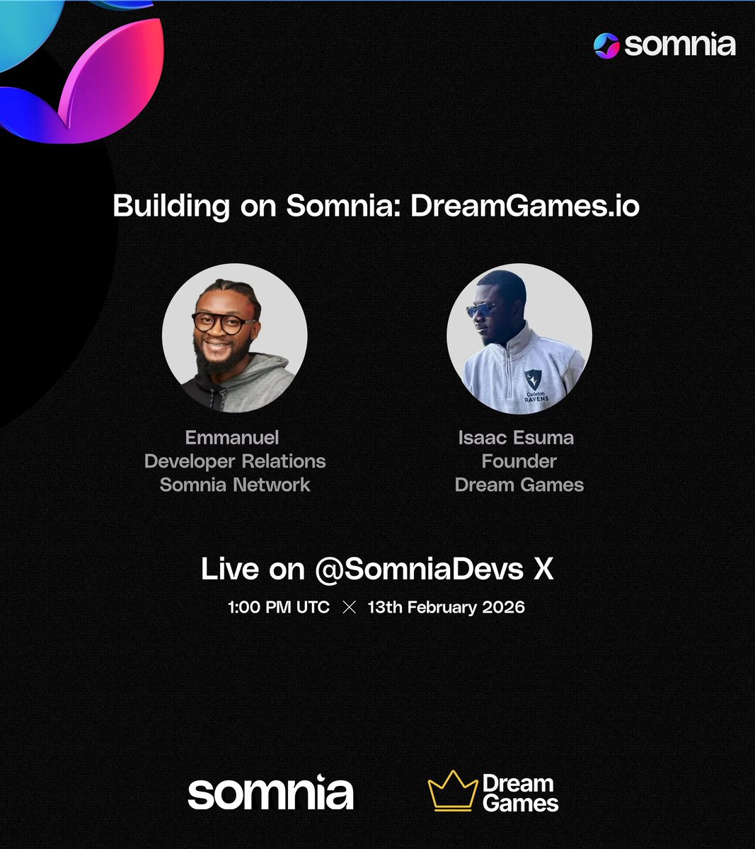 Building on Somnia: Dream Games (<a href="/0xDreamGames/">Dream Games</a>) 

Dream Games has brought skill-based classics like Chess, TikTacToe and Checkers onto Somnia.  

This Friday we’re going to explore what they’ve built - and the architecture behind their deployment on Somnia.
 
🎙️ Guest: