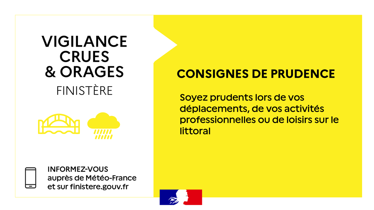 Image de Préfet du Finistère - #Météo |🟡Vigilance jaune orages
Maintien en vigilance jaune crues pour les bassins de l'Odet et de 